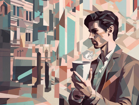 Vector illustration of a young man with a cup of coffee in his hand.の素材