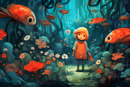 Cartoon illustration of a little girl in the forest among the fishesの素材
