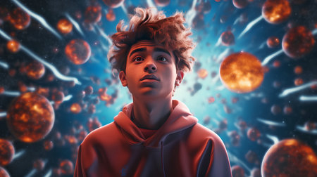 Fantasy portrait of a young man in a red hoodie against the background of planets.の素材