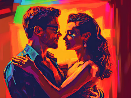 Portrait of a beautiful young couple in love. Colorful background.の素材