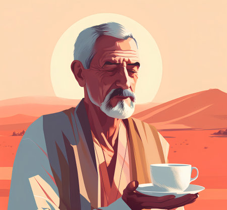Portrait of an old man with a cup of coffee in the desert.の素材