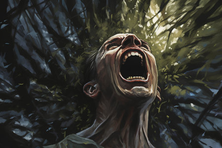 Zombie head in a dark forest. Digital painting. Illustration.の素材