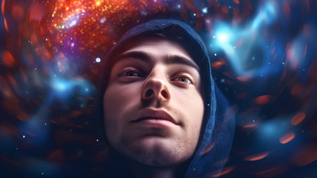 Portrait of a man in a hood on a background of the night sky.の素材