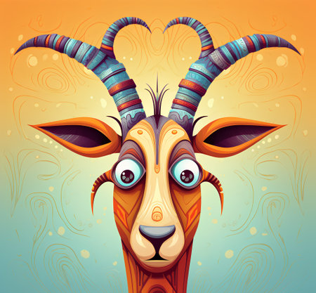 Cute goat with long horns on colorful background. Vector illustration.の素材