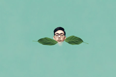 Young asian man with green leaf on face. Green background.の素材