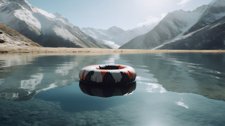 Lifebuoy floating on the surface of a mountain lake. 3d renderingの素材
