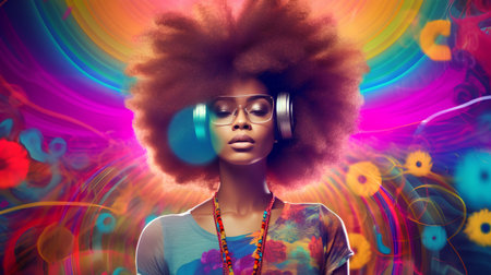 Beautiful afro american woman listening to music with headphones.の素材