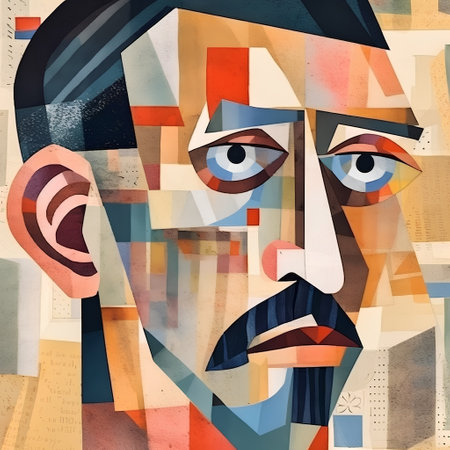 Abstract painting of a man's face combined with a geometric pattern.の素材