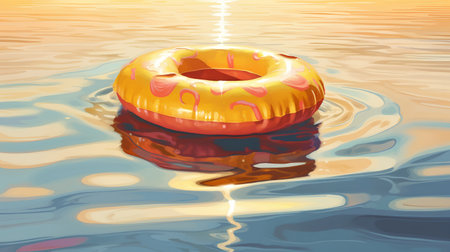 Lifebuoy floating on the water at sunset. Vector illustration.の素材