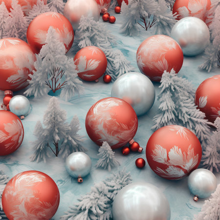 Christmas background with red and white balls and fir branches. 3D illustration.の素材