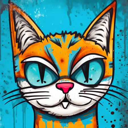 Colorful cat face on grunge blue background. Vector illustration.の素材