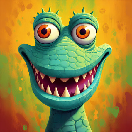 Funny cartoon crocodile with big eyes on grunge background.の素材