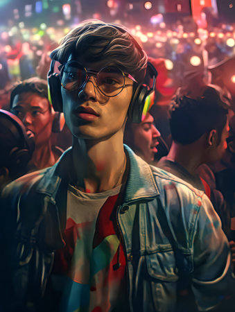 Portrait of a handsome young man with headphones listening to music at a nightclub.の素材