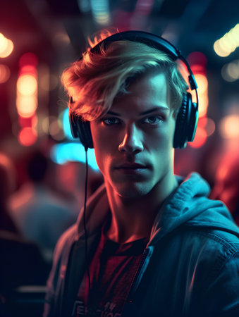Portrait of a handsome young man with blond hair listening to music in headphones.の素材