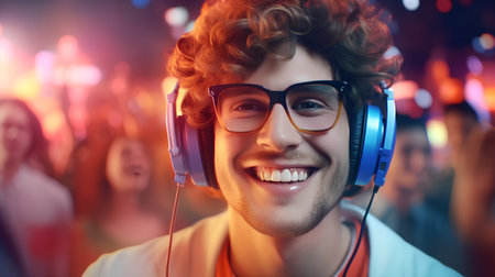 Portrait of a handsome young man listening to music with headphones.の素材