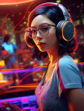 Portrait of a beautiful asian girl in headphones. 3d renderingの素材