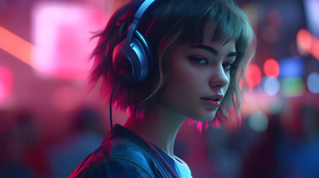 Portrait of a beautiful young girl with headphones listening to music.の素材