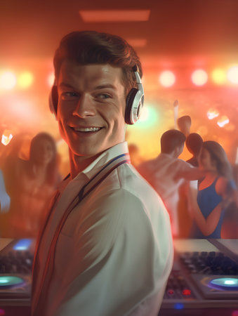 Portrait of a handsome young man dj in headphones dancing in the nightclubの素材