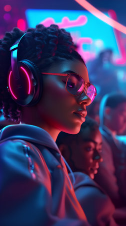 Young african american woman in headphones listening to music in nightclubの素材