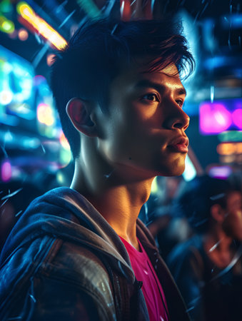 Portrait of young handsome asian man at night club with neon lights.の素材