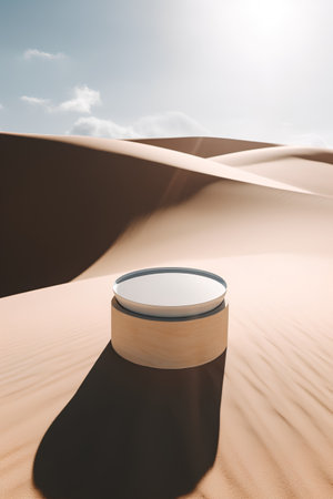 Empty round podium in the desert. 3D render. Mock upの素材