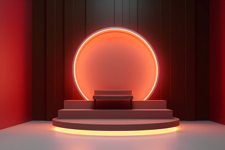 Abstract round podium illuminated by neon light. Award ceremony concept. 3D Renderingの素材