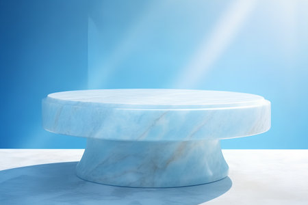 Blue marble pedestal on blue background. 3d render illustration.の素材