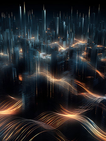 Abstract city with glowing lines on dark background. 3D rendering.の素材