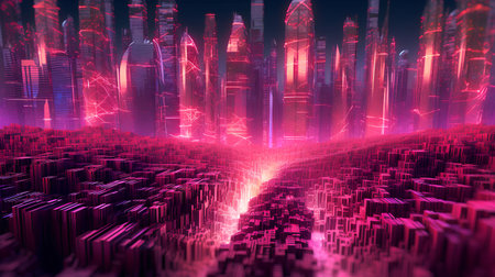 Futuristic city with glowing neon lights. 3D Renderingの素材