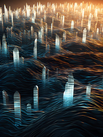 abstract background with city lights and waves, 3d render illustrationの素材