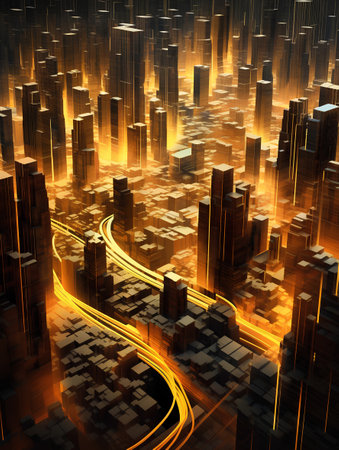 Futuristic city with glowing lights on a dark background. 3D renderingの素材