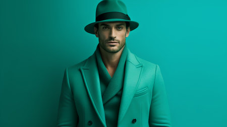 Portrait of a handsome man in a green coat and hat. Men's beauty, fashion.の素材