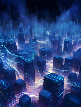3D illustration of a futuristic city with neon lights in the nightの素材