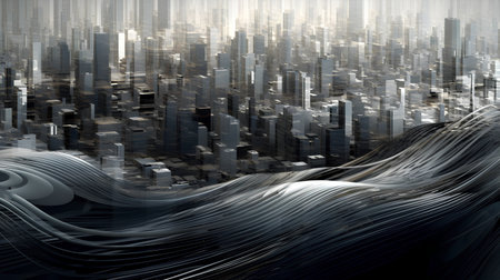 abstract city background with skyscrapers and waves, 3d renderの素材