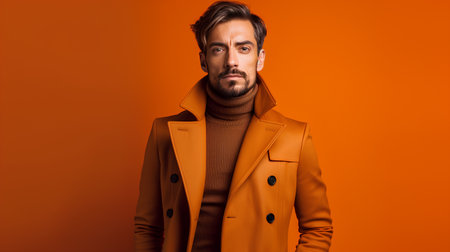 Handsome young man in a stylish coat on a orange background.の素材