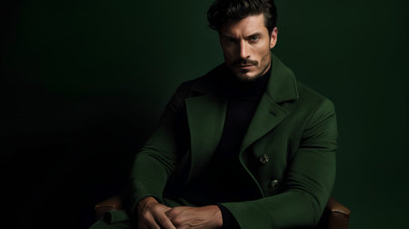 Portrait of a handsome man in a green coat. Men's beauty, fashion.の素材