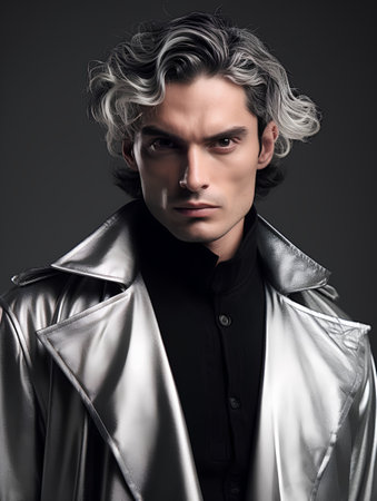 Portrait of a handsome young man in leather jacket. Men's beauty, fashion.の素材