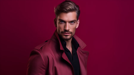Portrait of a handsome young man in a pink coat. Men's beauty, fashion.の素材