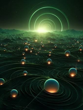 Fractal 3D illustration of a fantasy alien planet with bubblesの素材
