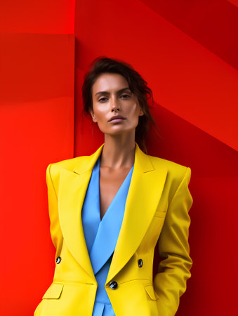 Fashionable woman in a yellow jacket posing on a red background.の素材
