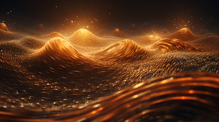 3d rendering of abstract golden waves with glowing particles. Futuristic background.の素材