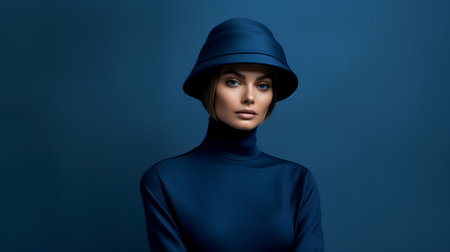 Fashion portrait of beautiful young woman in blue coat and hat.の素材