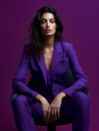 Young sensual brunette woman in violet suit on violet backgroundの素材