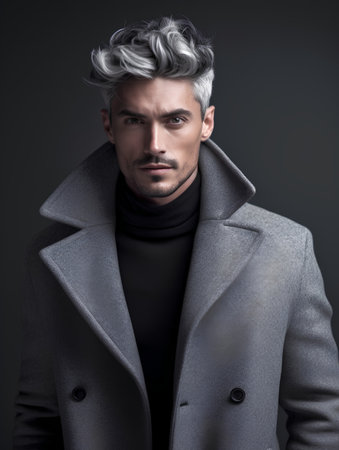 Portrait of a handsome young man in gray coat. Men's beauty, fashion.の素材