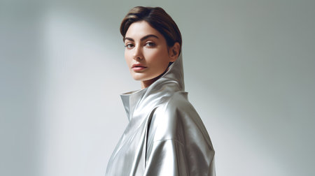 Fashionable young woman in silver coat. Beauty, fashion.の素材