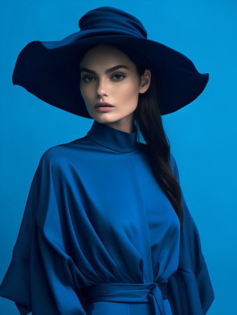 Fashion portrait of young beautiful woman in hat and blue dress.の素材