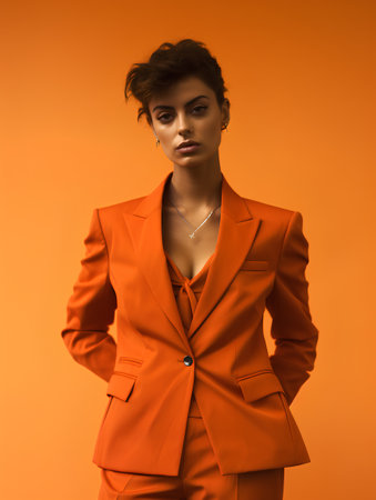 Fashionable african american woman in orange suit on orange backgroundの素材