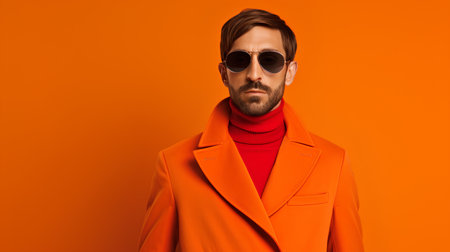 Stylish man in orange coat and sunglasses posing on orange background.の素材
