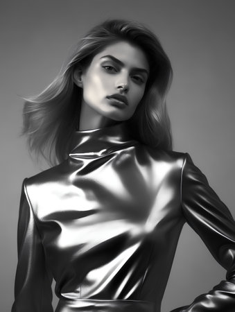 Fashion portrait of a beautiful young woman in a silver latex dressの素材