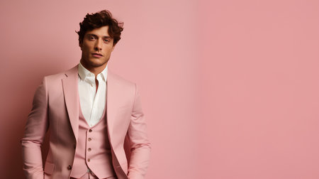 Handsome young man in elegant pink suit posing against pink background.の素材